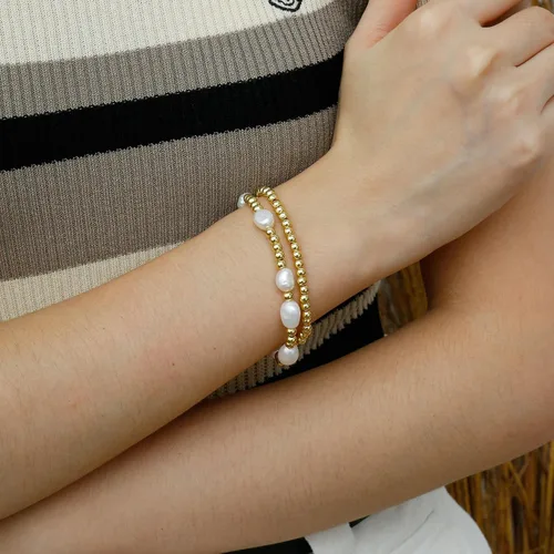 Miniatura 3 de Pulseras de cuentas de oro para mujer, perlas barrocas apilables, chapadas en oro de 14 quilates, pulsera de bolas elásticas para regalo de joyería