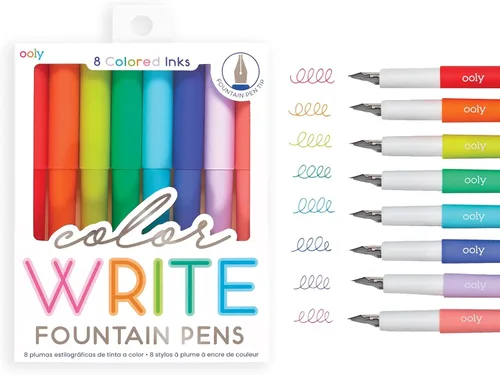 Ooly Color Write - Plumas estilográficas coloridas, paquete de 8 plumas estilográficas de tinta de colores, utiliza cartuchos de tinta recargables,