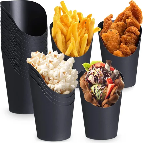 Miniatura 8 de Sieral 100 tazas de embutidos negros de 14 onzas desechables para papas fritas con soporte para papas fritas de papel, conos de charcutería, gofres