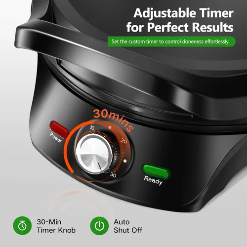 Miniatura 4 de KEINVE Plancha eléctrica de 1500 W, plancha interior 2 en 1 y máquina de pizza con temporizador de 30 minutos y apagado automático, 12 pulgadas 180°