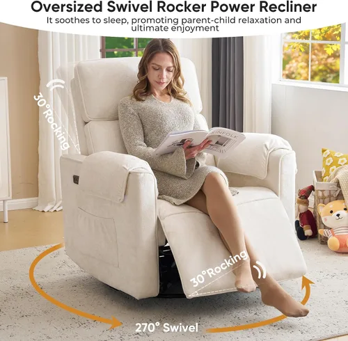 Miniatura 6 de Silla reclinable eléctrica extragrande, sillón basculante giratorio de 26" extra ancho con reposacabezas ajustable, silla mecedora de chenilla