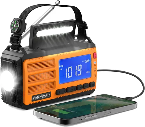Miniatura 11 de FosPower NOAA Radio meteorológica de emergencia A1 7400 mWh, banco de energía portátil, AM/FM, USB/solar/carga de manivela, funciona