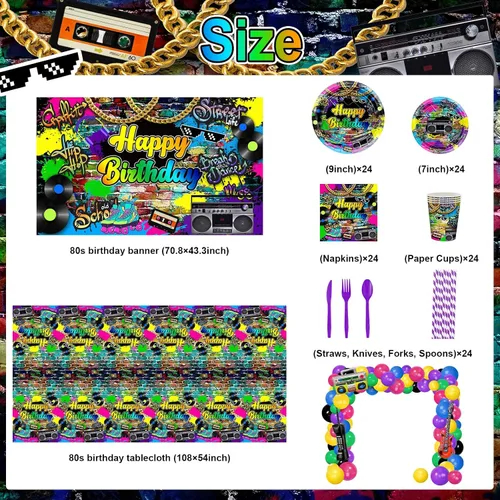 Miniatura 2 de Decoraciones de cumpleaños de los años 80, 280 piezas, globos de fondo de regreso a los años 80 y 90, platos de hip hop, servilletas, tazas