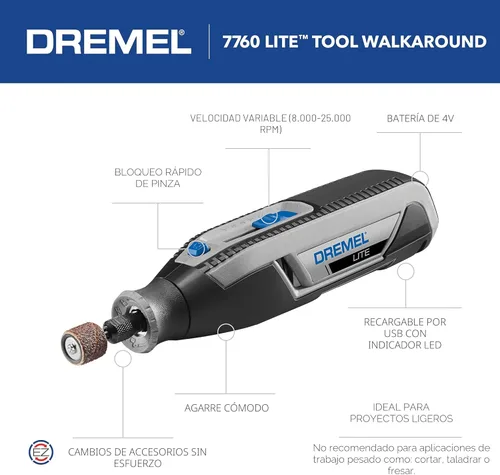 Miniatura 2 de Dremel Lite 7760 N/10 - Herramienta rotatoria inalámbrica de iones de litio de 4V, kit multipropósito de velocidad variable, carga USB, cambios