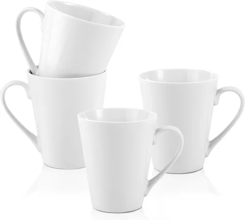 Juego de tazas de café de 10 onzas, 4 tazas de café de cerámica blanca lisa, tazas de porcelana con asa, taza en forma de V para café con leche,