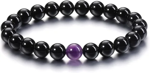Miniatura 7 de Jovivi 2 pulseras elásticas de piedra curativa de obsidiana negra y amatista de 0.315 pulgadas, hechas a mano, piedras preciosas redondas naturales