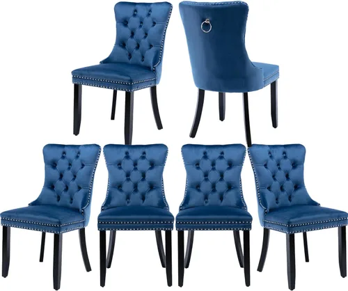 Miniatura 71 de Juego de 2 sillas de comedor de terciopelo, silla de comedor tapizada de alta gama con tirador de anillo en la espalda, adorno de clavos y patas