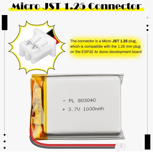 Miniatura 4 de 803040 3.7V 1000mAh LiPo Batería - Batería recargable de polímero de litio con placa de protección y conector Micro JST 1.25 para dispositivo