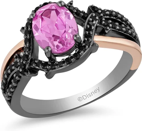 Jewelili Enchanted Disney Fine Jewelry - Anillo de oro rosa de 14 quilates sobre plata esterlina con rodio negro ovalado zafiro rosa creado y 14