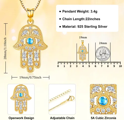 Miniatura 81 de Aniu Joyería de plata de ley 925 Hamsa de Fátima para mujer con circonita cúbica, viene con caja de regalo negra
