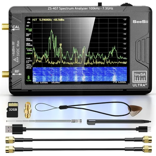 SeeSii TinySA Ultra+ ZS407 7.3GHz Analizador de espectro: 2025 Actualizado de 4 Pulgadas HW V0.5.4 100kHz-7.3GHz Analizador de frecuencia portátil -