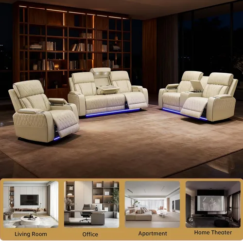 Miniatura 7 de Juegos de muebles de sala de estar, sofá modular reclinable eléctrico con luces LED, juego de sofá de cuero, sofá reclinable para sala de estar