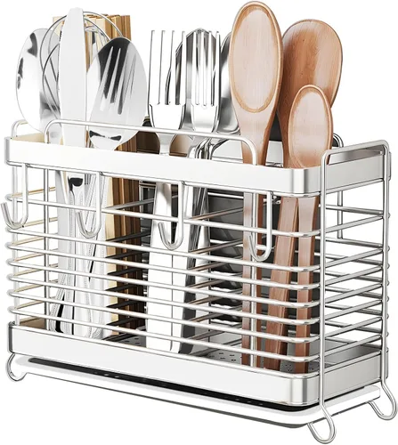 Soporte para Utensilios, Escurridor de Utensilios de Acero Inoxidable con Bandeja de Drenaje, Cesta Escurridora de Encimera de Cocina Soporte de