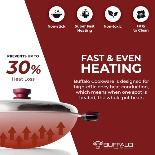 Miniatura 5 de BUFFALO Sartén para wok de acero inoxidable con tapa, parte inferior redonda de 14 pulgadas (13.8 in), utensilios de cocina antiadherentes de tres