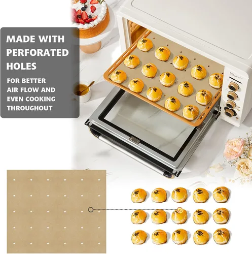 Miniatura 4 de 100 piezas de papel pergamino sin blanquear, forros cuadrados perforados para freidora de aire Cuisinart, Breville, Black and Decker, hornos