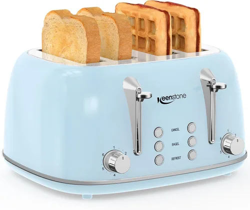 Miniatura 13 de Tostadoras de 2 rebanadas de acero inoxidable retro con bagel, función de cancelar, descongelar y 6 ajustes de tostado de pan, tostadora de bagel