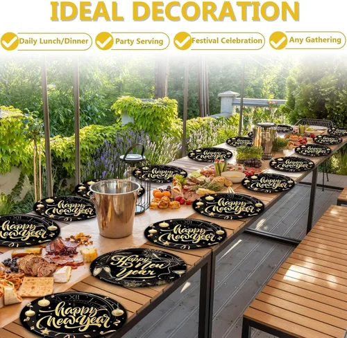 Miniatura 5 de 50 platos ovalados de papel de feliz año nuevo de 11 pulgadas, grandes, resistentes, negro y dorado, decoraciones de fiesta de Año Nuevo 2026