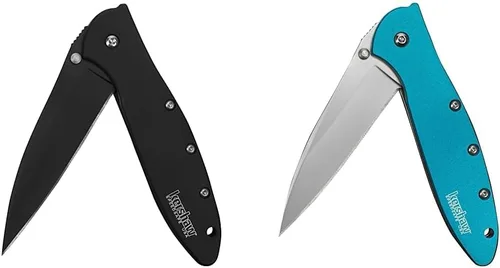 Kershaw Puerro, cuchillo plegable negro; hoja de acero Sandvik 14C28N de 3 pulgadas, mango de acero inoxidable 410, tanto recubierto de DLC como con