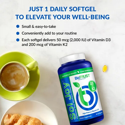 Miniatura 6 de BioTrust Sol Joy, Vitamina D3 K2 de alta potencia - Alta potencia (50 mcg)