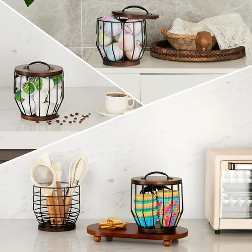 Miniatura 8 de Yangbaga Soporte para filtro de café con tapa de madera, cesta de almacenamiento de filtro de café de madera y metal para filtros de café de 2 a 4