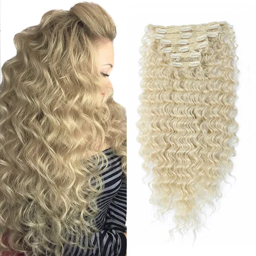 Miniatura 9 de Extensiones de cabello sintético rizado con clip de doble trama, resistencia al calor, onda profunda gruesa, con clip, 7 piezas