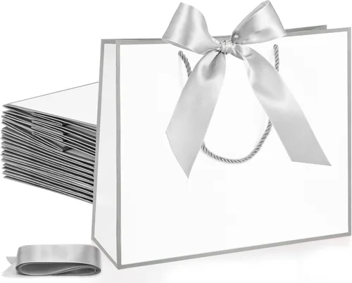 Miniatura 29 de Silkfly 12 bolsas de regalo con asas para dama de honor, 12 x 10 x 4 pulgadas, elegantes bolsas de regalo de bienvenida de boda con lazo para Rosa