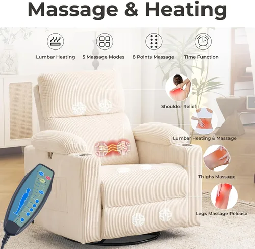 Miniatura 5 de Silla Reclinable Eléctrica de Gran Tamaño Giratoria Deslizante con Masaje y Calor, Sillón Reclinable Giratorio Mecedor con Reposabrazos Ajustables