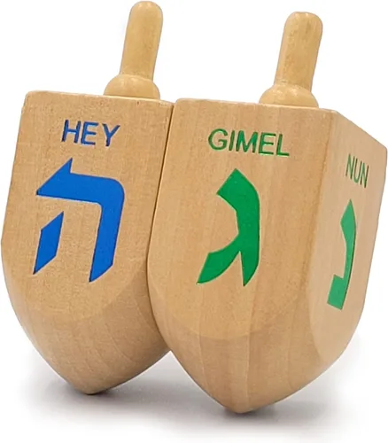 Miniatura 9 de The Dreidel Company Hanukkah 10 Dreidels de madera extra grandes pintados a mano de 3 pulgadas - Incluye tarjetas de instrucciones de juego