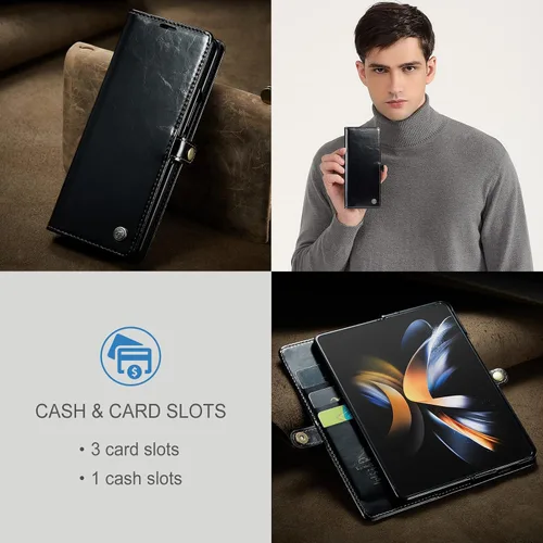 Miniatura 6 de Kowauri Funda para Samsung Galaxy Z Fold 4 5G, piel sintética, tipo cartera, con tarjetero y función atril, cierre magnético, protección a prueba
