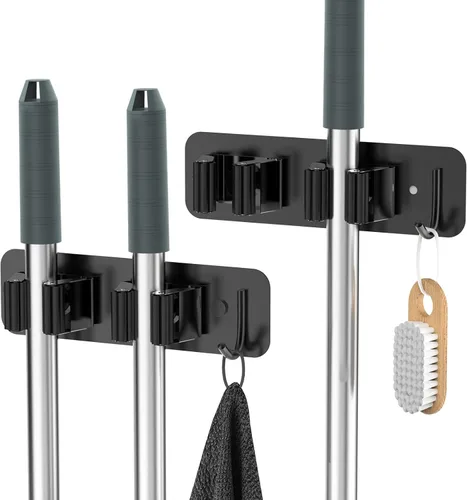homeasy - Soporte de pared para escoba y fregona, organizador con ganchos de acero inoxidable resistente | Pack de 2, instalación sin taladro ni