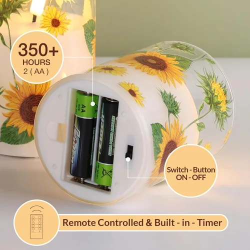 Miniatura 3 de Juego de 3 velas de pilar sin llama de vidrio de girasol con control remoto, velas LED parpadeantes para decoración del hogar de verano