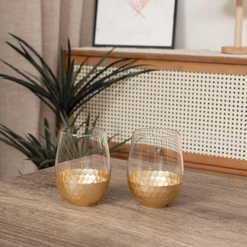 Miniatura 2 de Copas de vino sin tallo, juego de 2, 18 onzas, diseño de panal dorado