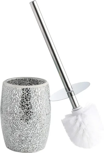 WHOLE HOUSEWARES Juego de escobillas de inodoro moderno (plateado) - Accesorio de baño de mosaico de vidrio con cerdas resistentes y soporte