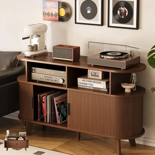 Miniatura 10 de Soporte para tocadiscos, mueble moderno de mediados de siglo con puertas correderas, gabinete de estantería de audio-video, soporte de medios