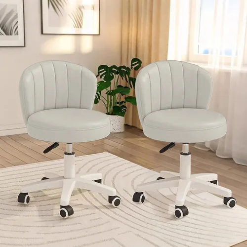 Miniatura 8 de Silla de escritorio pequeña festoneada con respaldo, bonita silla de tocador enrollable sin brazos con piel sintética, cómodas sillas de oficina Gris