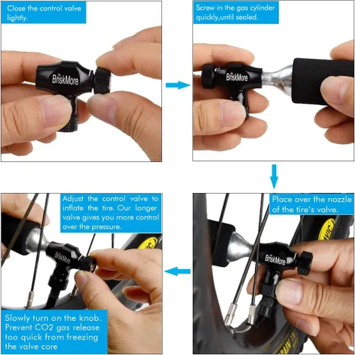 Miniatura 6 de Kits de Inflador CO2 BriskMore con Cartuchos de CO2 de 9X16g o 5 X 16g, Compatible con Válvulas Presta y Schrader, Bomba de CO2 para Neumáticos