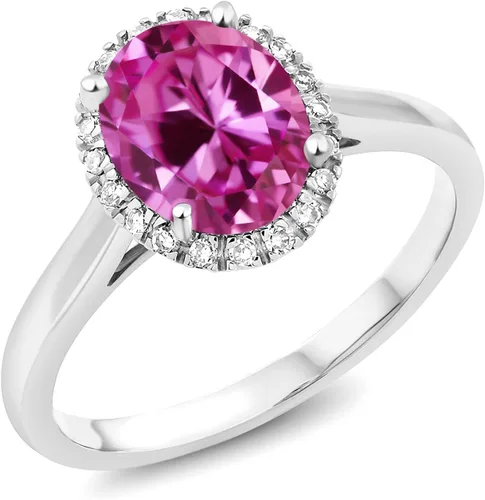 Miniatura 95 de Gem Stone King Anillo de compromiso ovalado de oro blanco de 10 quilates con piedra natal y halo de diamantes Ovalado de 0.354 x 0.276 in Anillo