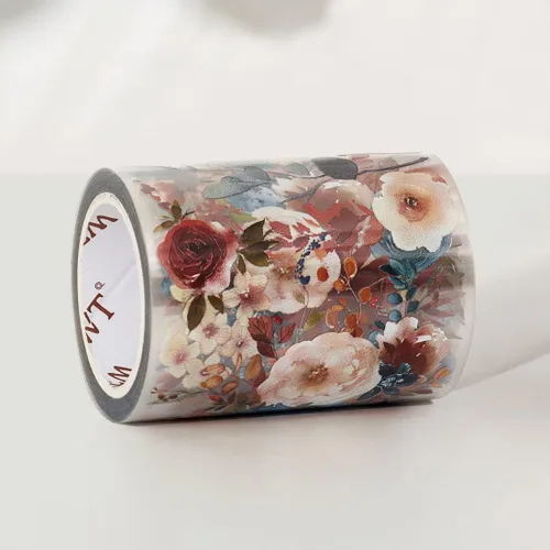 Miniatura 3 de WT Cinta de PET ancha azul polvoriento y canela, un solo rollo, diseños originales, cinta decorativa floral, cinta transparente para manualidades
