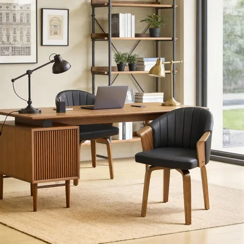 Miniatura 6 de Art Leon Silla de escritorio sin ruedas, silla giratoria moderna de mediados de siglo, silla de escritorio de piel sintética para oficina en casa