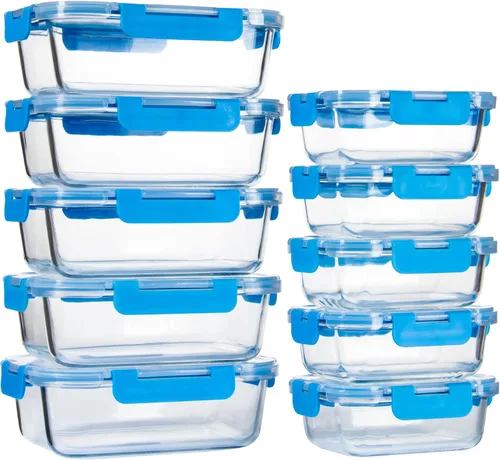UMEIED Paquete de 10 recipientes de vidrio para almacenamiento de alimentos con tapas a prueba de fugas, juego de recipientes de vidrio herméticos