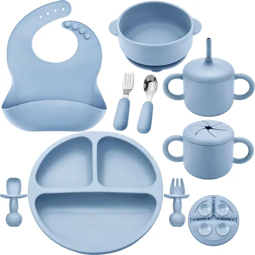Bufims Juego de alimentación de silicona para bebés, suministros de destete para bebés, utensilios esenciales para comer con placa de succión y Azul