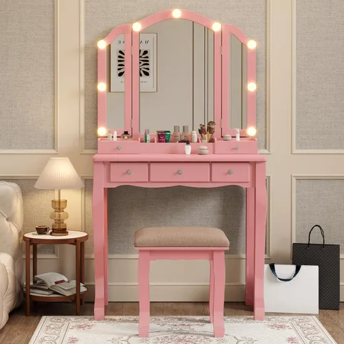 Miniatura 2 de YIXHQ Tocador con luces para niñas, juego de escritorio con cajones, tocador de maquillaje con espejo y luces, tocador de maquillaje rosa