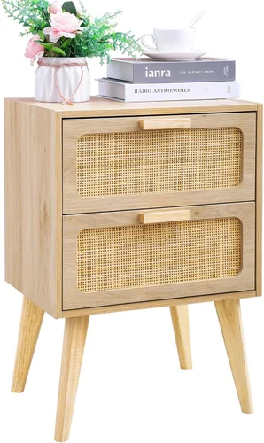 Miniatura 8 de YAUKOMEL Mesita de noche negra, mesita de noche moderna de mediados de siglo, mesita de noche acanalada con 2 cajones, mesa auxiliar con patas