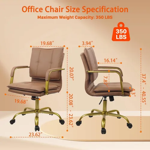 Miniatura 3 de CLATINA Sillas de Escritorio de Cuero para Oficina en Casa, Silla Giratoria de Respaldo Medio para Computadora con Patas y Brazos Dorados, Cómoda