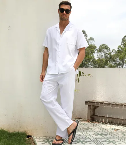Miniatura 2 de RPOVIG Conjunto de camisa de lino y pantalones conjuntos de lino de 2 piezas para hombre, camisas de manga corta, pantalones de yoga, trajes