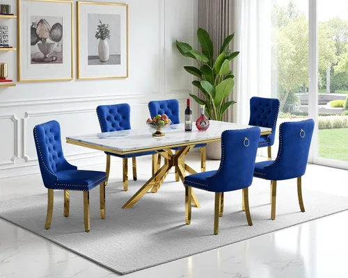 Miniatura 12 de Juego de mesa de comedor de mármol para 6, mesa de cocina rectangular de mármol blanco de 70 pulgadas con patas en X de acero inoxidable dorado