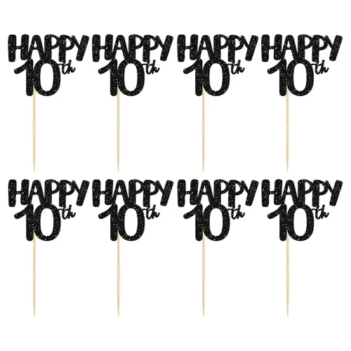 Miniatura 3 de Gyufise Paquete de 24 adornos negros para cupcakes con el número 10, para celebrar 10 cumpleaños, bodas, aniversarios, fiestas, suministros