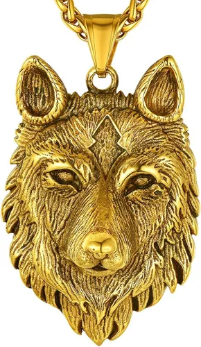 Richsteel Necklaces for Men 316 Stainless Steel18K Gold PlatedBlack Wolf Pendant Viking Nordic Jewelry