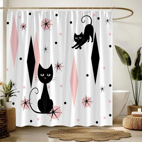 Miniatura 13 de GCTNBJL Mid Century Shower Curtain Black Cat Atomic Stars Modern Abstract Blue Black Geometric Iconic Retro 1950s 1960s Vintage 36x70(WxH) Inches