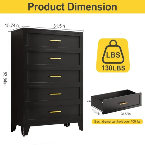 Miniatura 2 de Cómoda de metal de 53.54 pulgadas de alto para dormitorio, cajones de armario de 5 cajones, unidad organizadora de almacenamiento moderna, armario